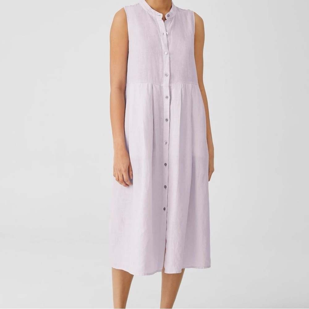 Eileen Fisher organic linen dress in lilac color.